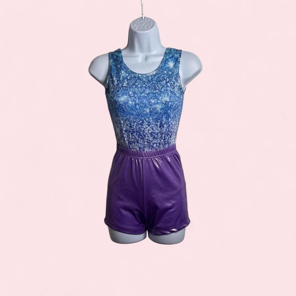 NWOT Girls XL Blue Purple Glitter Print Leotard & Sparkle Shorts Dance Gym Set
